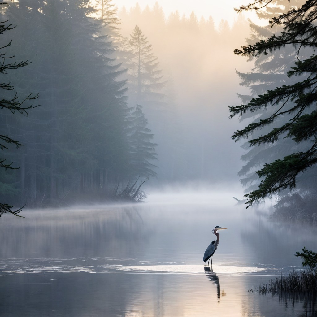 Serene Morning Scene with Heron in Misty Waters
