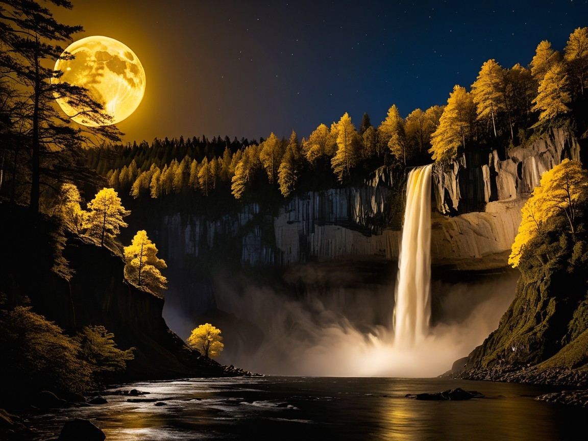 Majestic Nighttime Waterfall Illuminated by Moonlight