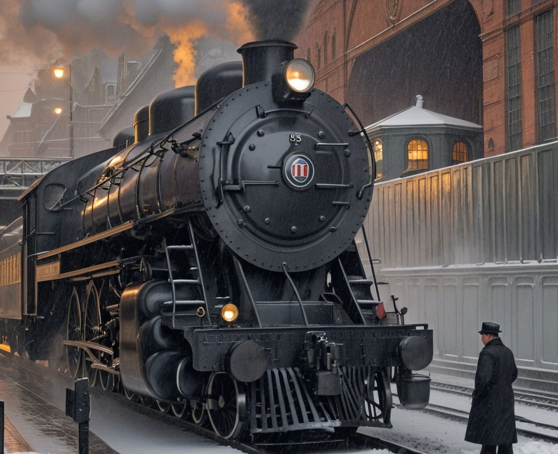 Vintage Steam Locomotive at Snowy Train Station