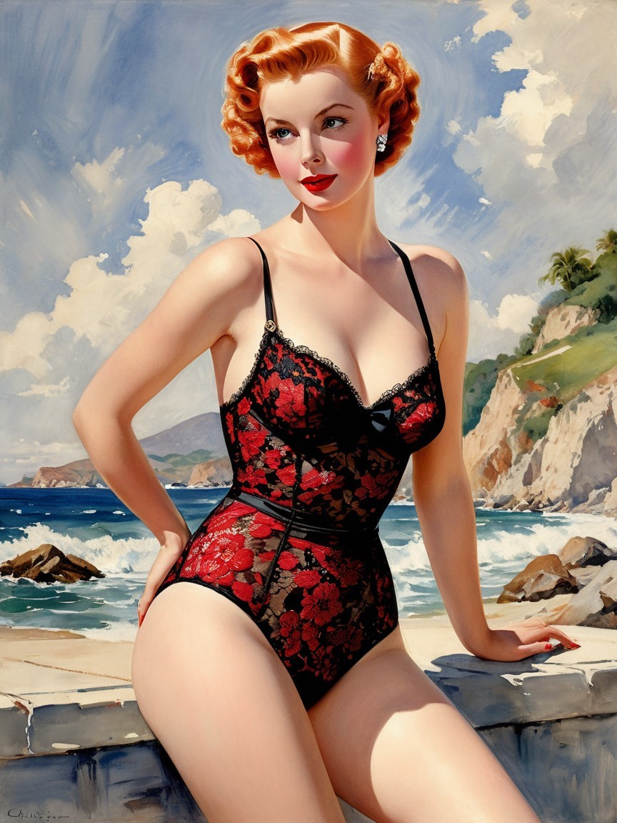 Glamorous Woman in Vintage Swimsuit by the Ocean
