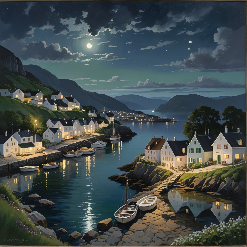 Moonlit Coastal Village with Tranquil Harbor Scene