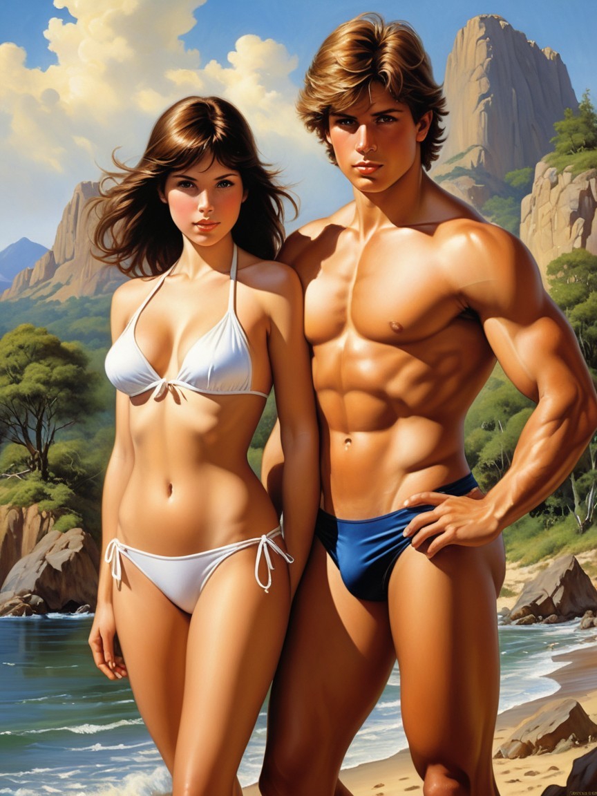 Beach Scene with Muscular Man and Attractive Woman