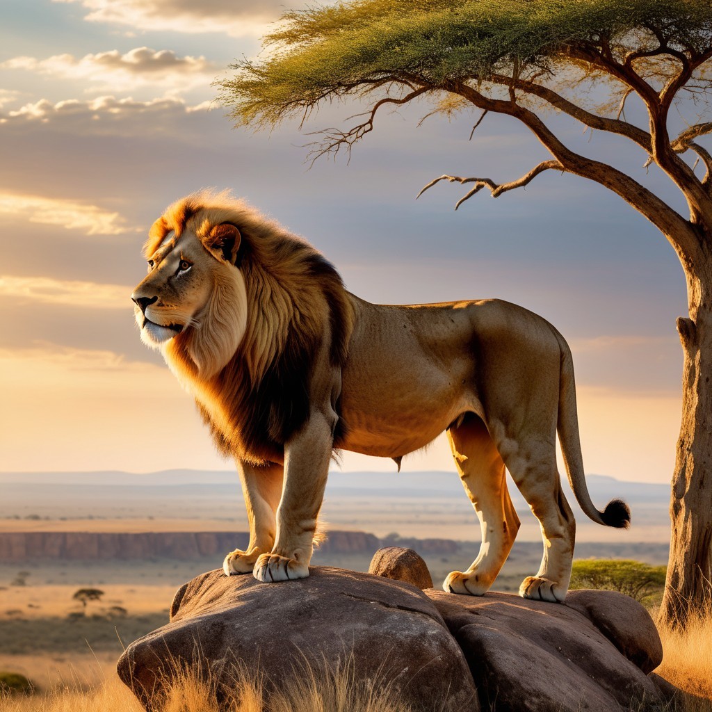 Imperial Lion on African Savanna at Sunset