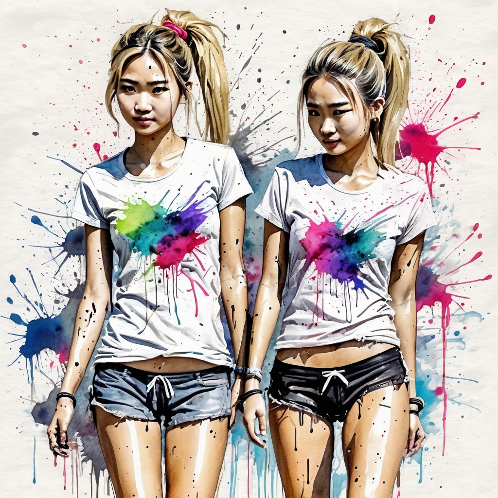 Young women in colorful paint splattered outfits