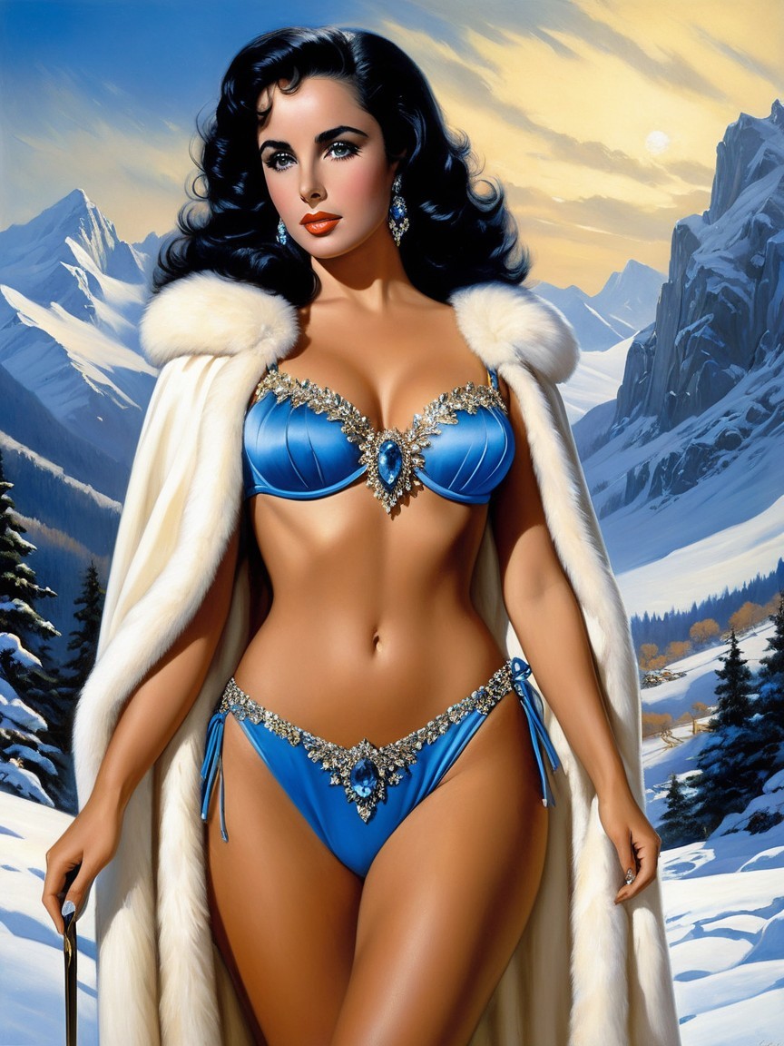 Woman in Blue Bikini and Fur Cape in Snowy Mountains