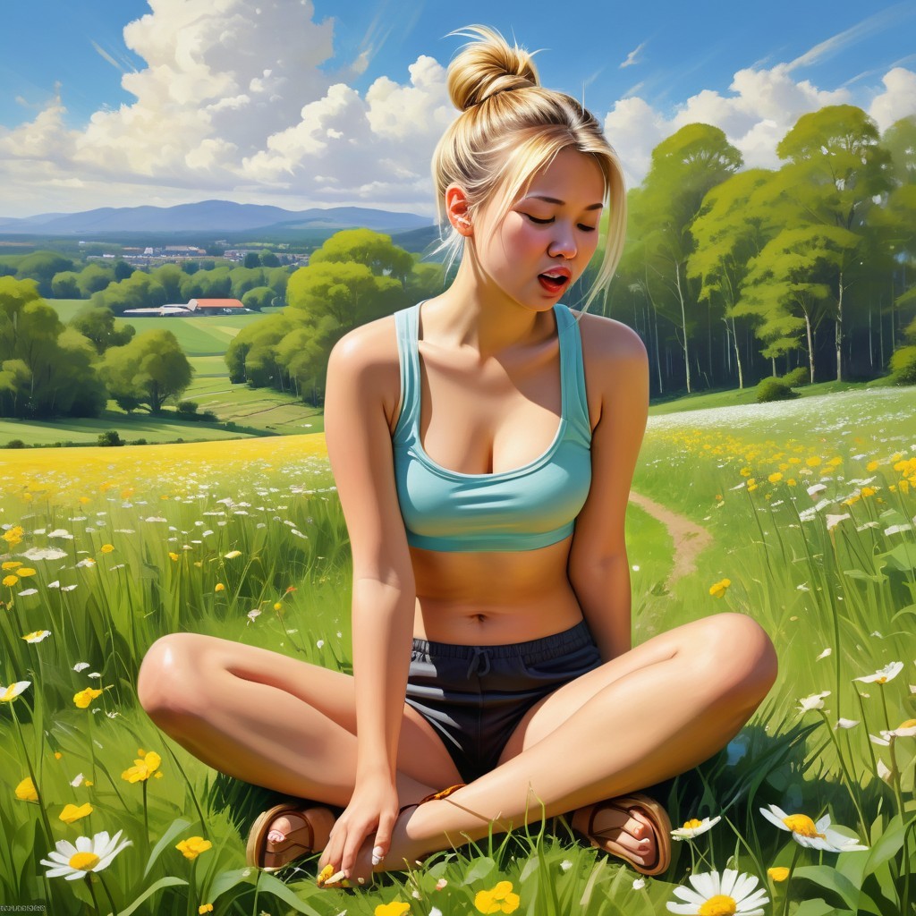 Young Woman in Meadow Surrounded by Wildflowers