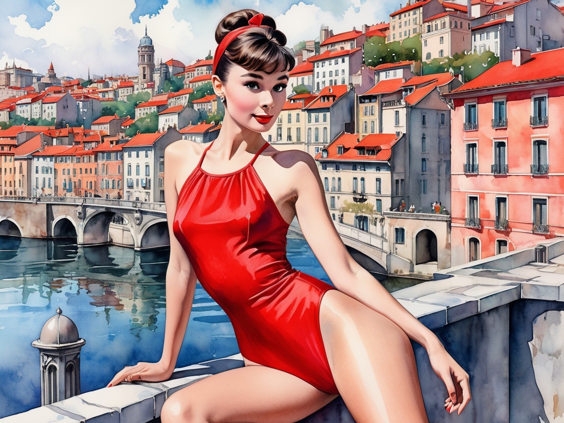 Audrey Hepburn in Red Swimsuit by European River