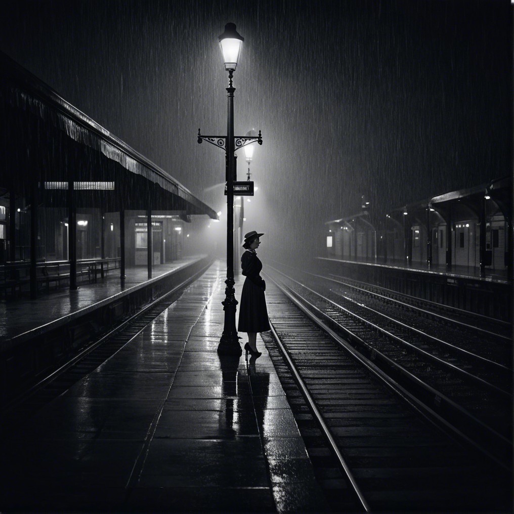 Lone Figure in Vintage Dress at Rainy Train Station