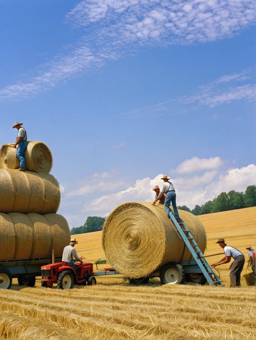 Farmers Stacking Hay Bales on a Sunny Day