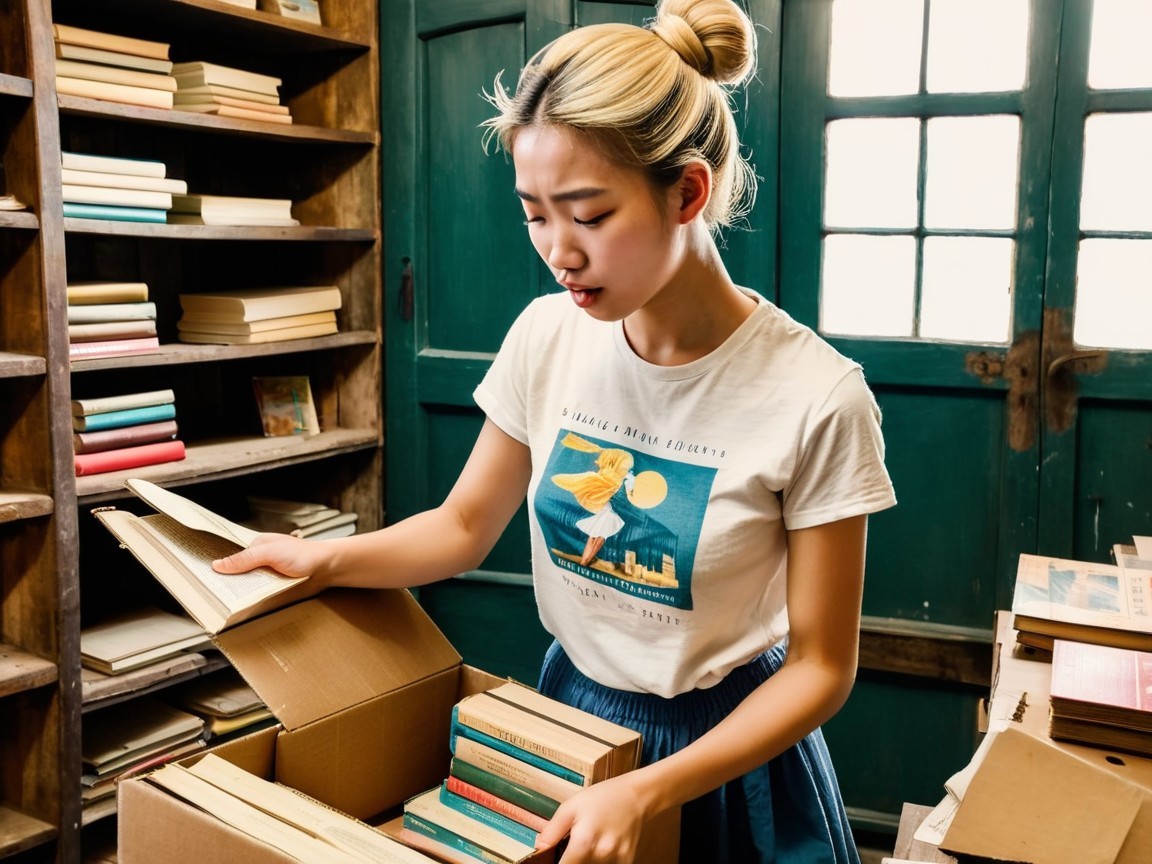 Young woman unpacking books in vintage-style room
