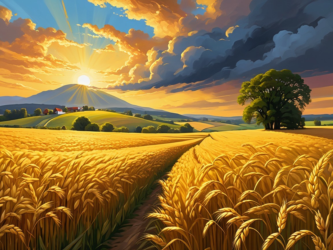 Golden Wheat Field at Sunset with Winding Path
