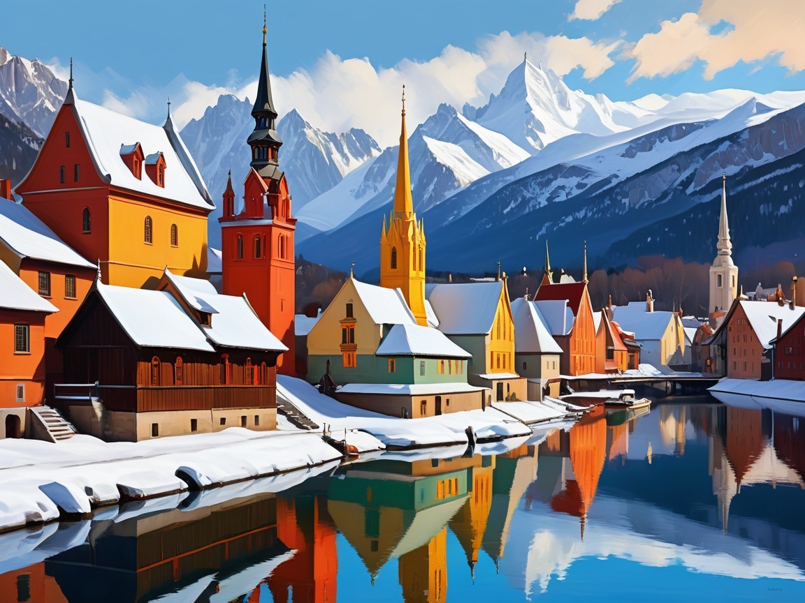 Picturesque Village by a Serene River and Mountains