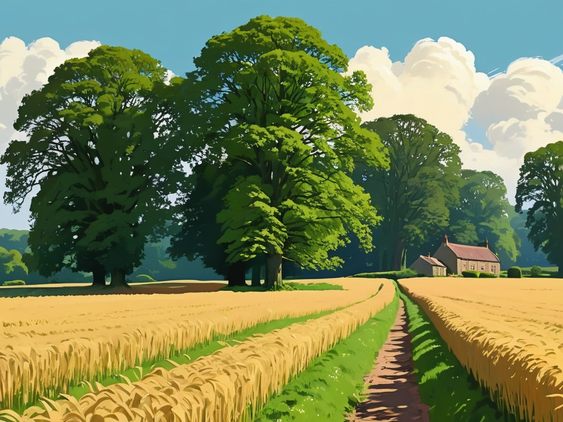 Serene Countryside Landscape with Wheat Field and Cottage