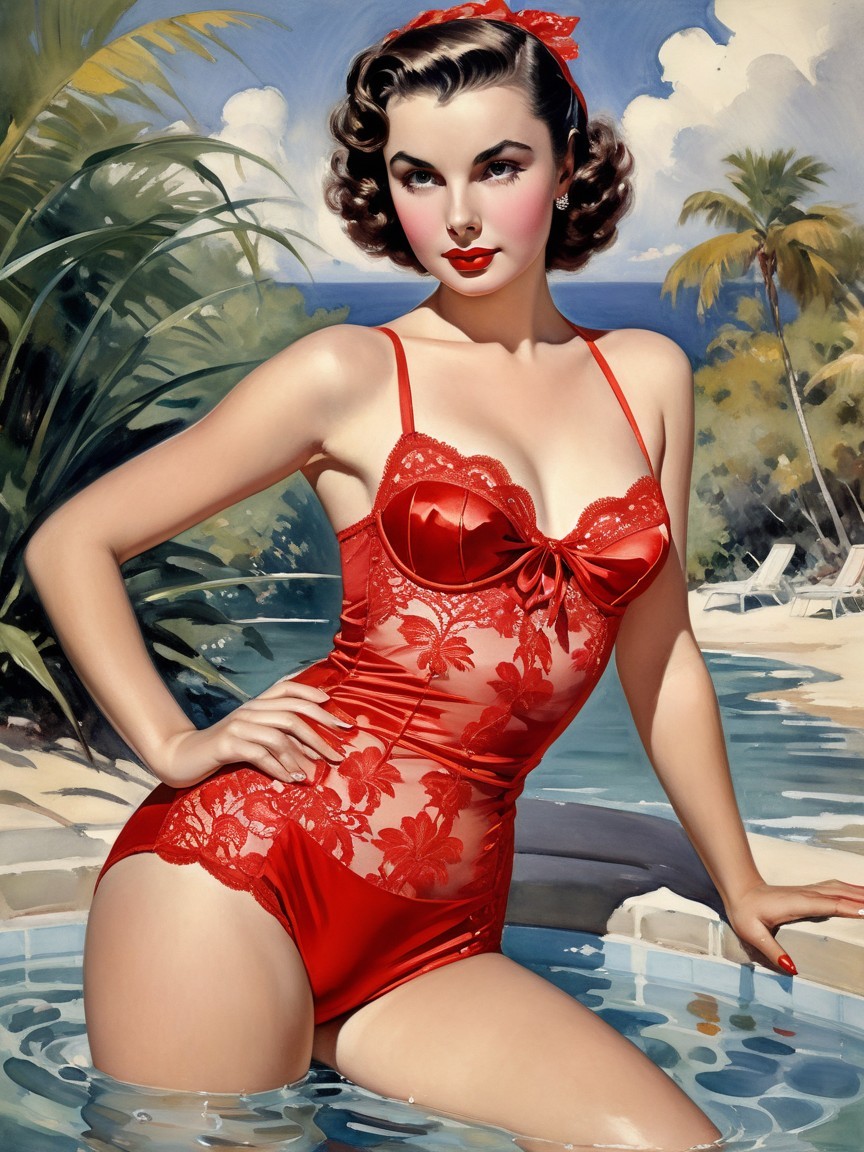 Vintage Illustration of Woman in Red Swimsuit by Pool