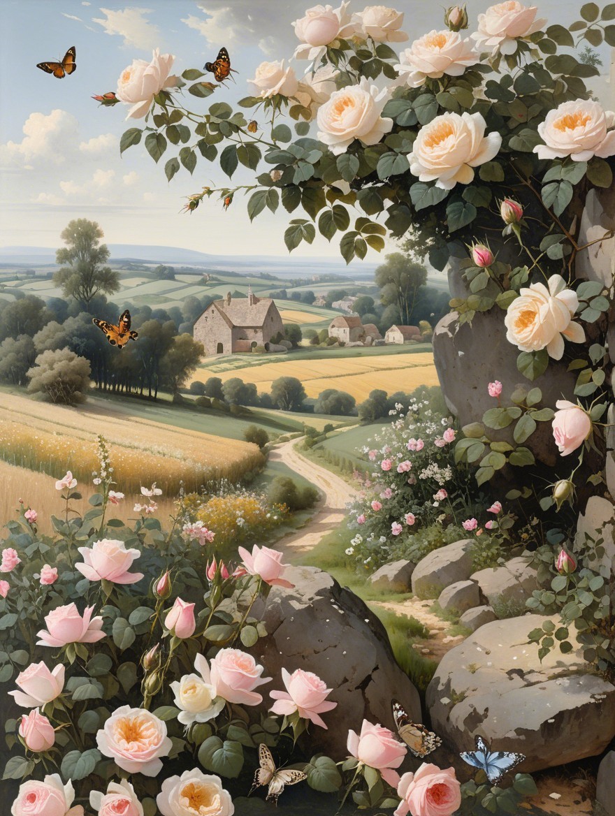 Lush Landscape with Farmhouse and Blooming Roses
