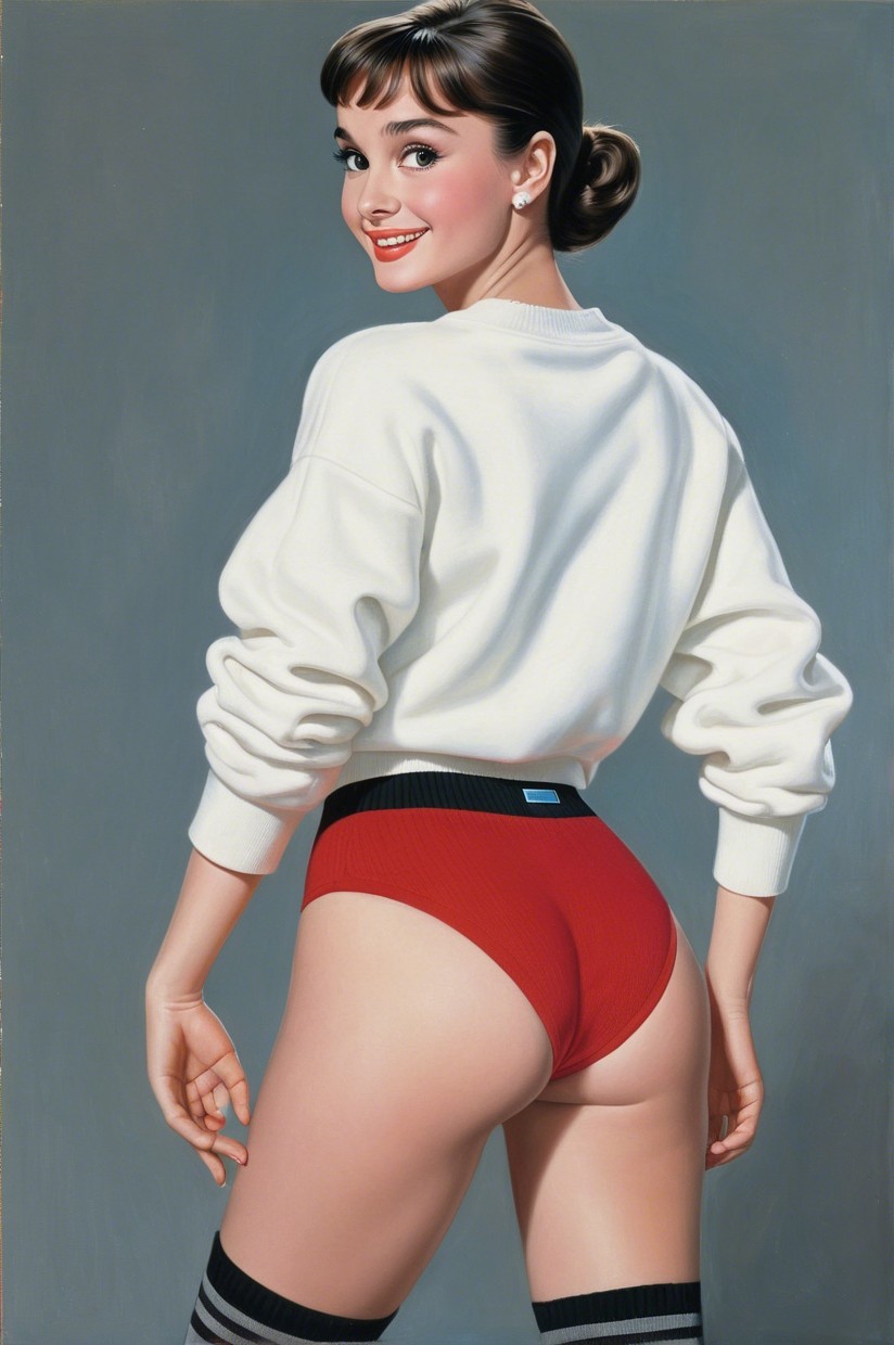 Audrey Hepburn in White Sweatshirt and Striped Socks