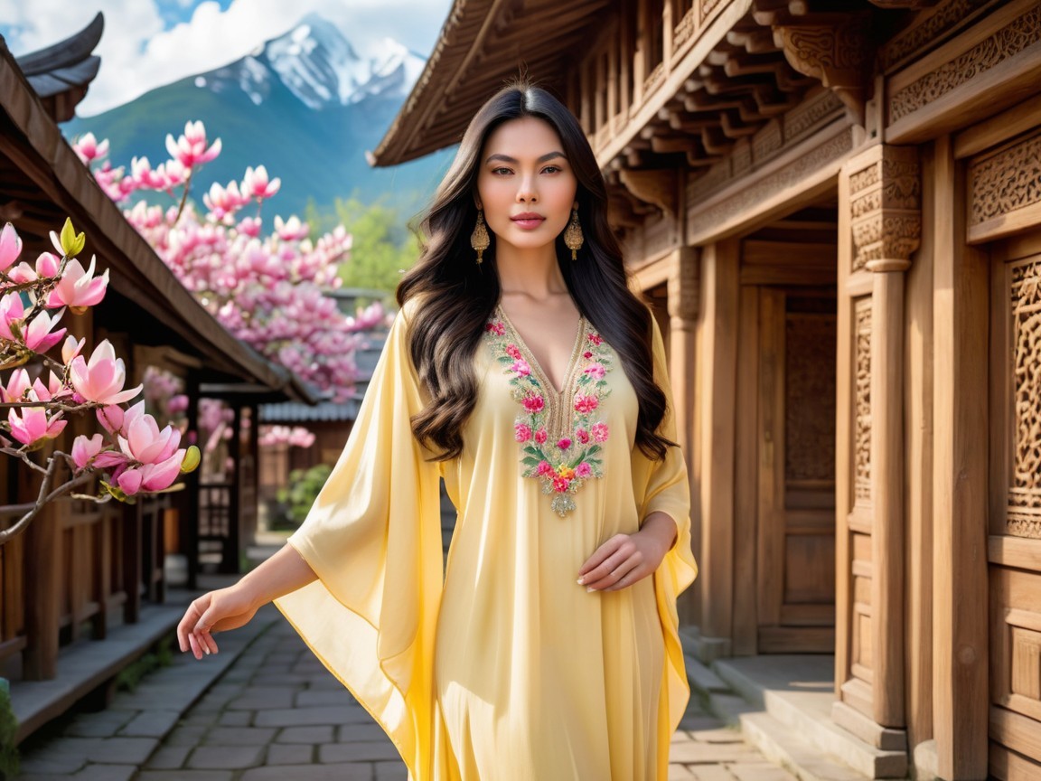 Elegant Woman in Yellow Dress Amidst Cherry Blossoms