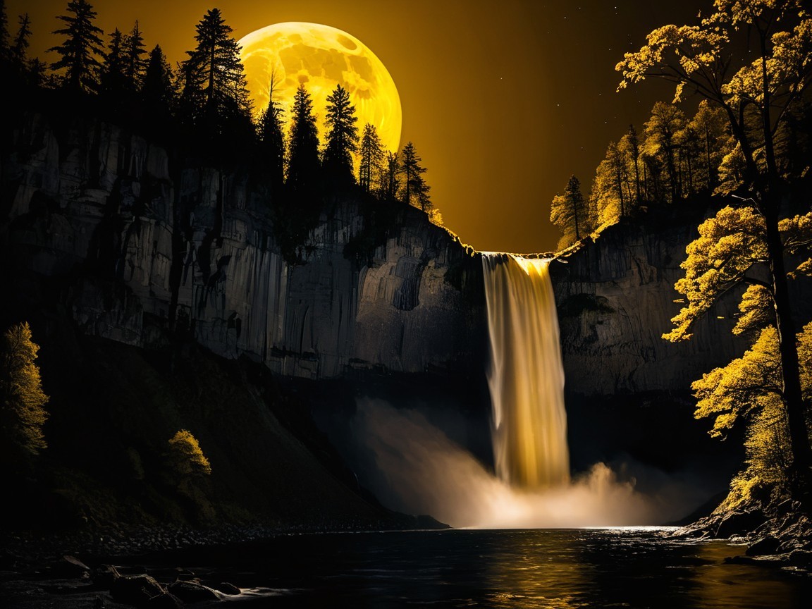 Nocturnal Landscape with Waterfall and Full Moon Glow