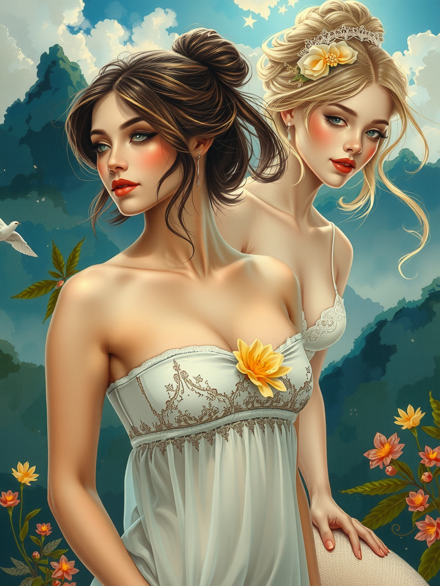 Ethereal Women in Nature with Floral Accents and Elegance