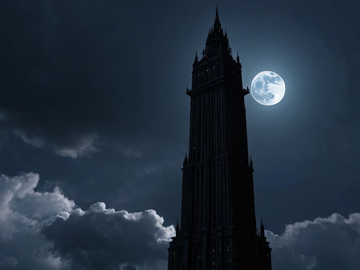 Skyscraper Silhouette Against Full Moon and Night Sky