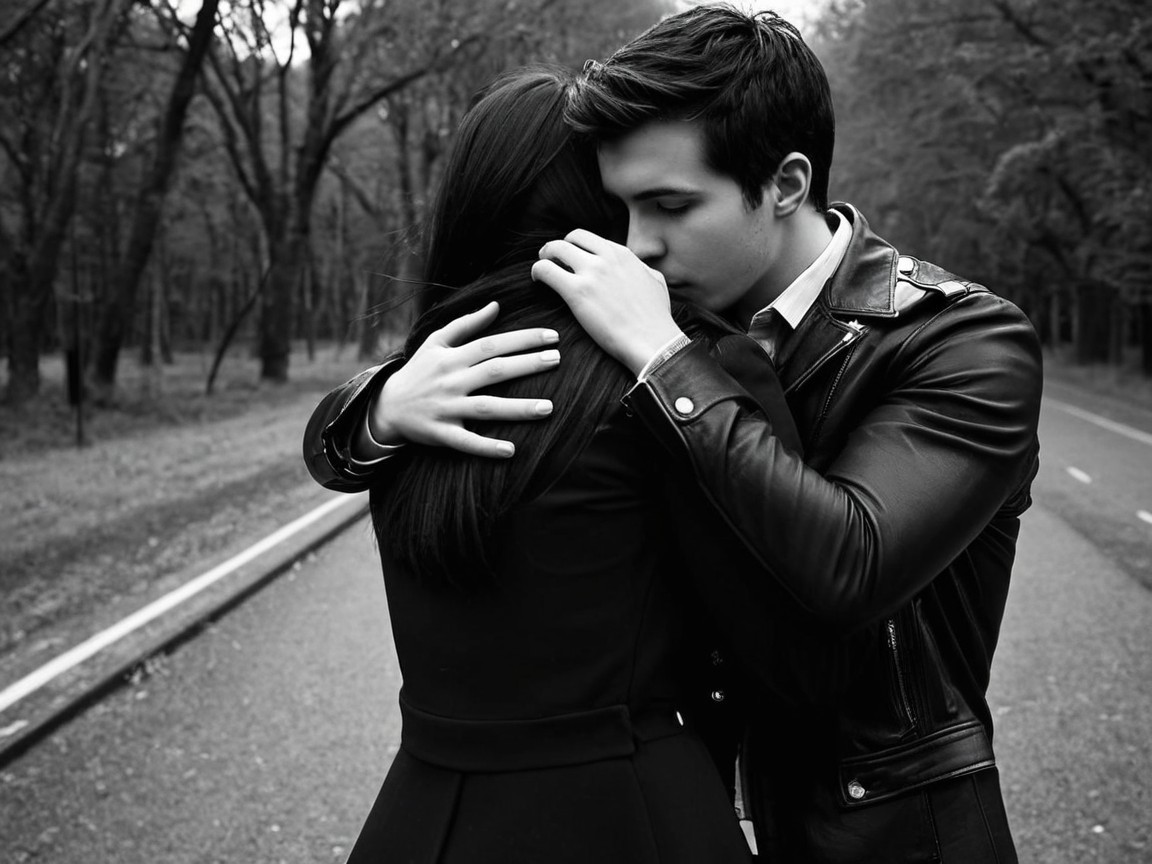 Young couple in black and white forest setting