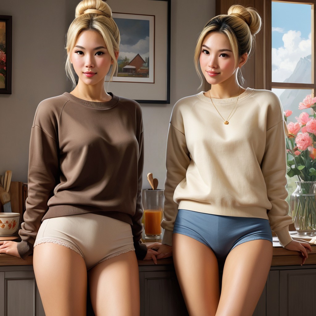 Young Women in Cozy Kitchen Setting with Floral Decor