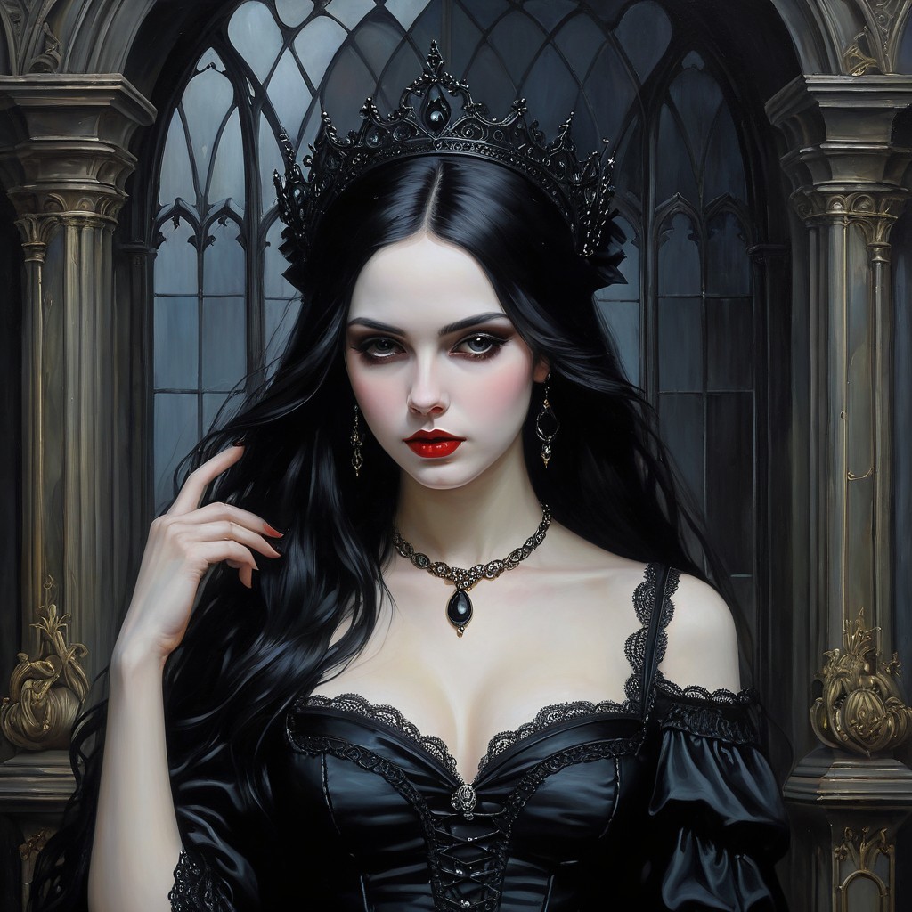 Regal figure in black gown with gothic backdrop