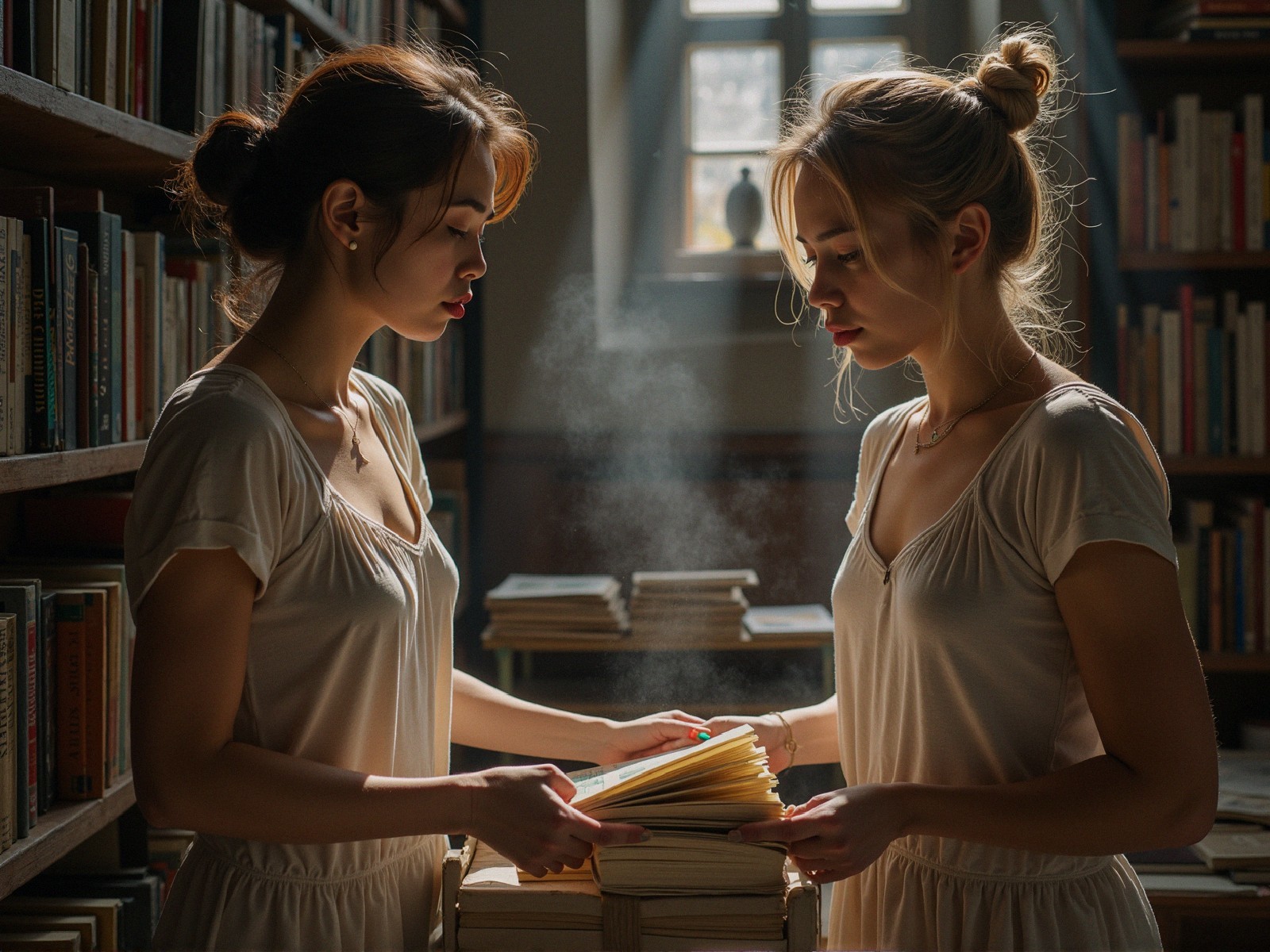 Young Women Exploring Books in a Dim Library