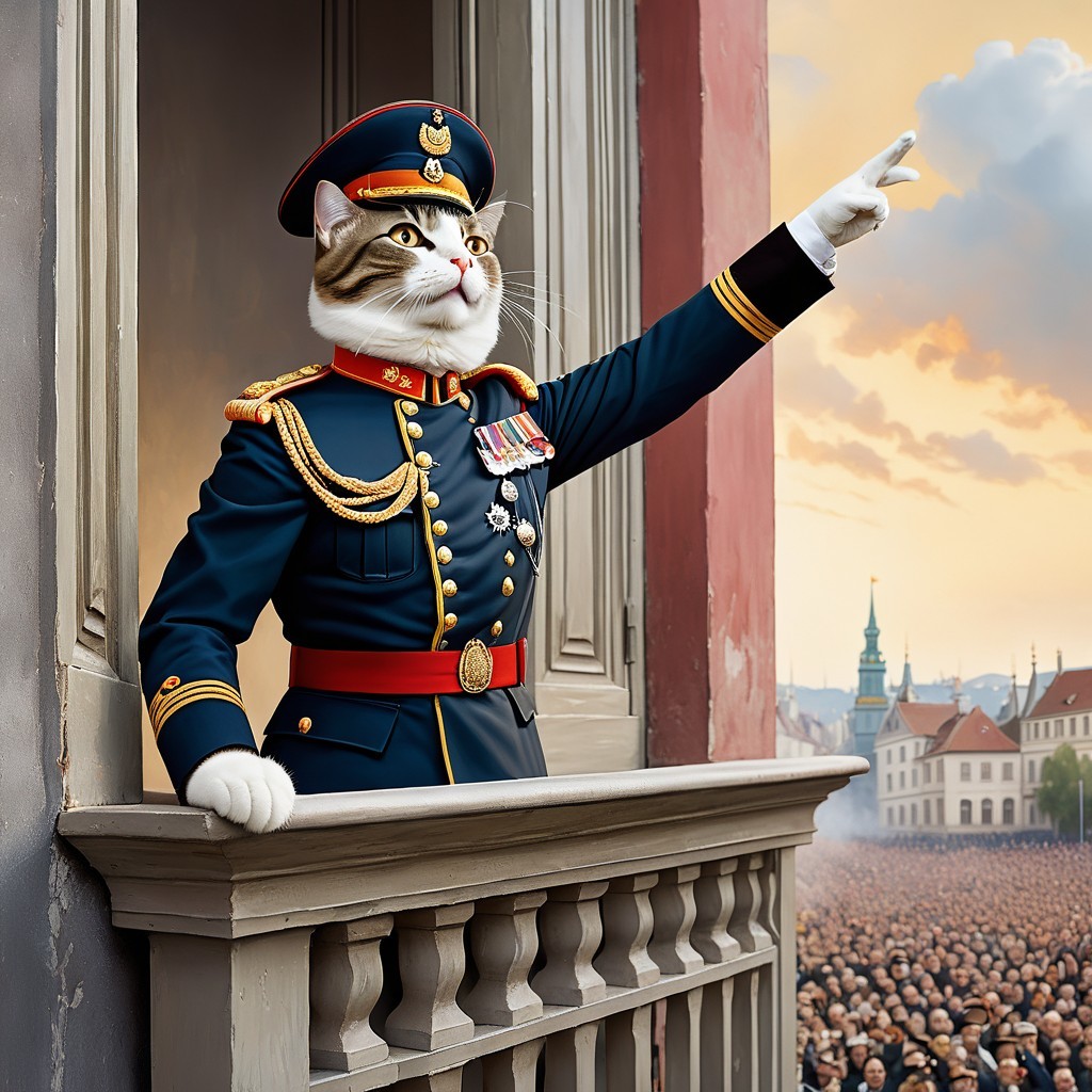 Fluffy Cat in Military Uniform on Stone Balcony