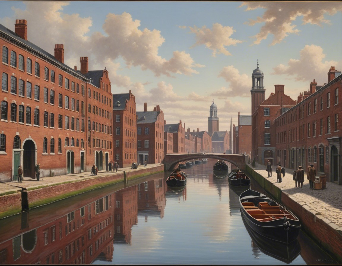 Historic Canal Scene with Brick Buildings and Boats