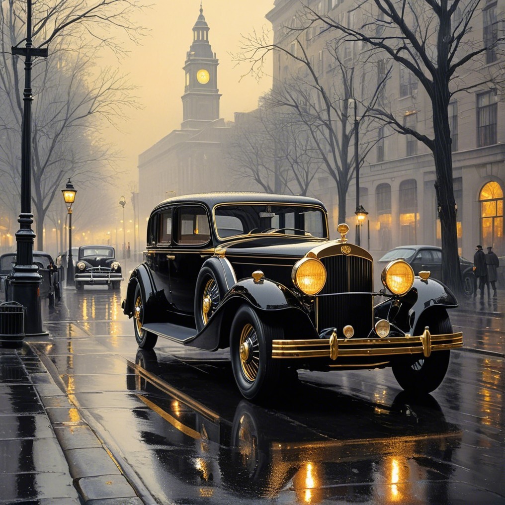 Vintage Black Car on Rain-Soaked City Street