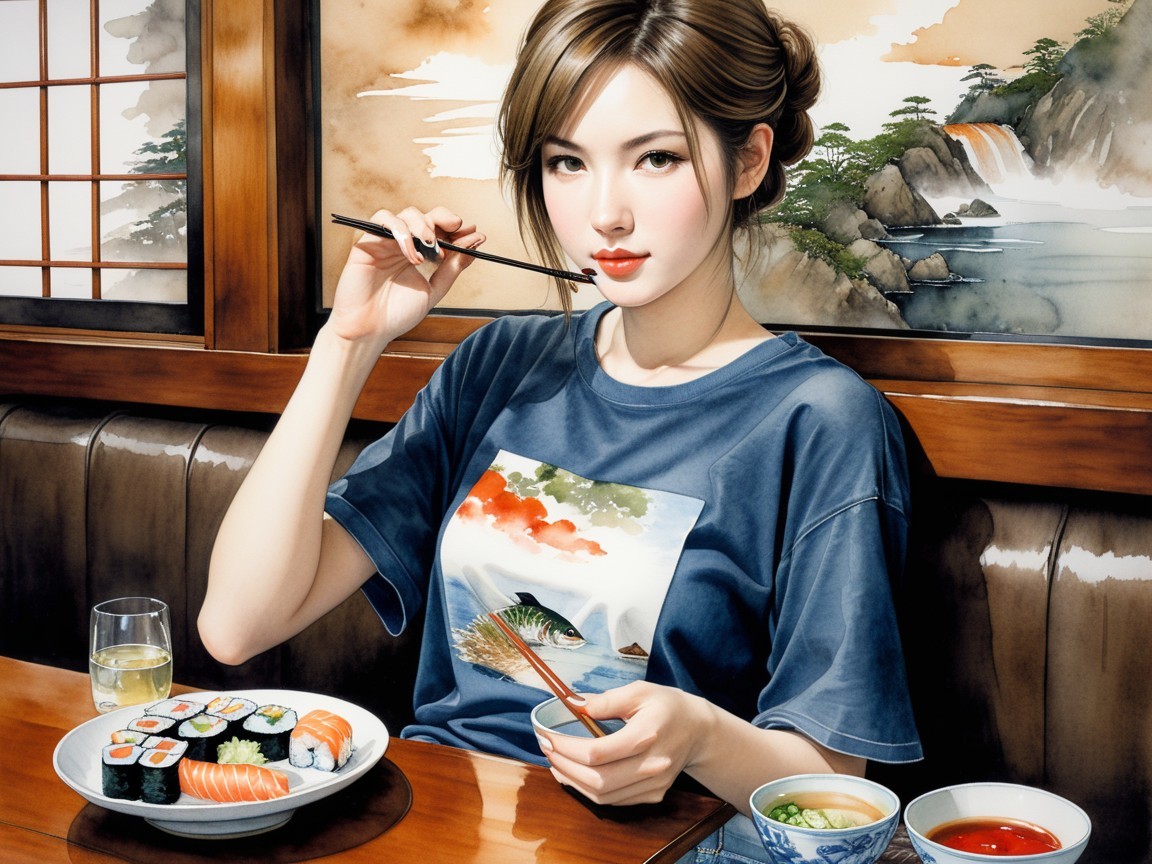 Tranquil Japanese Dining Scene with Sushi and Tea