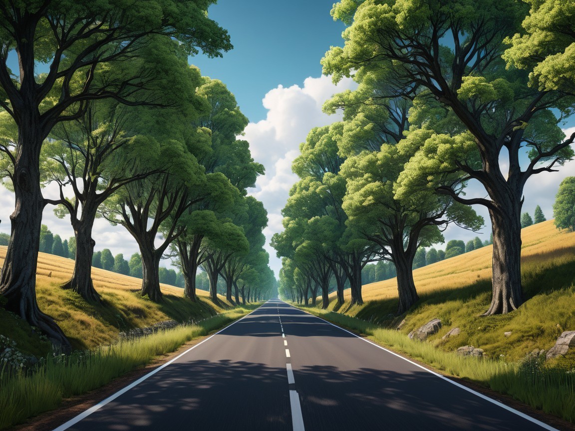 Serene landscape with tree-lined road and golden fields