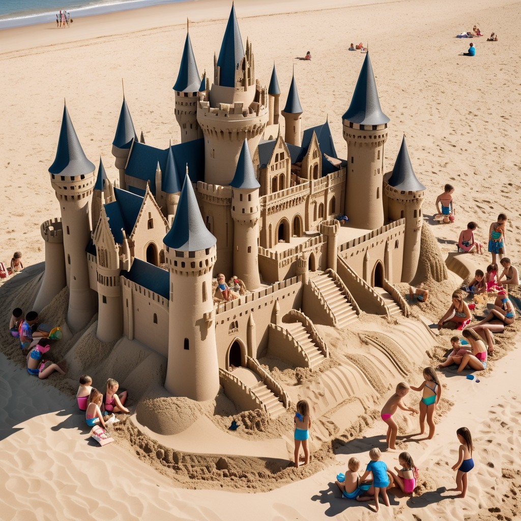 Sandcastle on a Beach with Children Playing Nearby