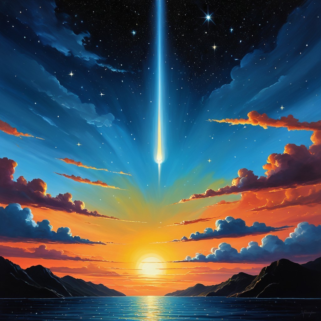 Vibrant Sunset and Comet Over Calm Waters