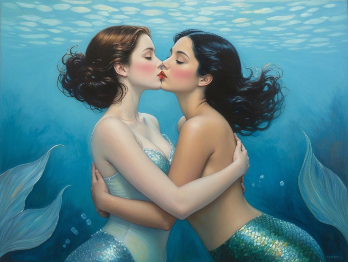 Mermaids Kissing Underwater with Colorful Tails