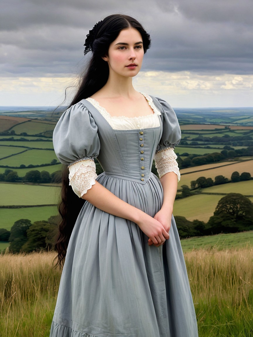 Young Woman in Vintage Blue Gown on Hillside