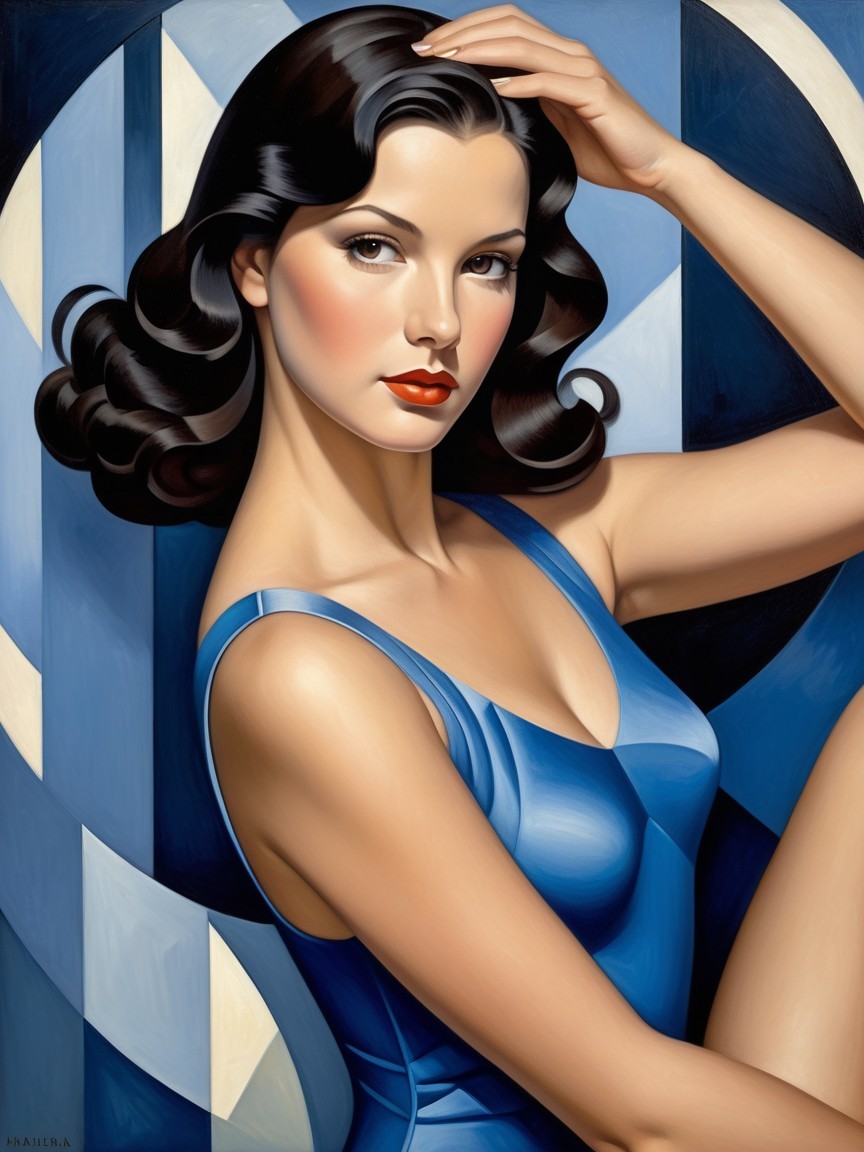 Glamorous Woman in Chic Blue Swimsuit with Geometric Shapes
