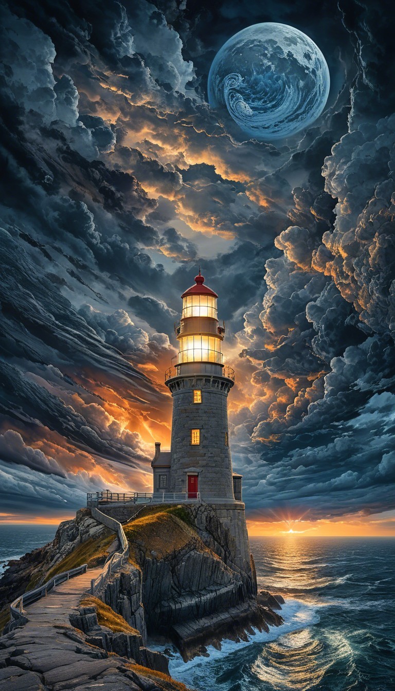 Lighthouse on Cliff at Sunset with Dramatic Sky