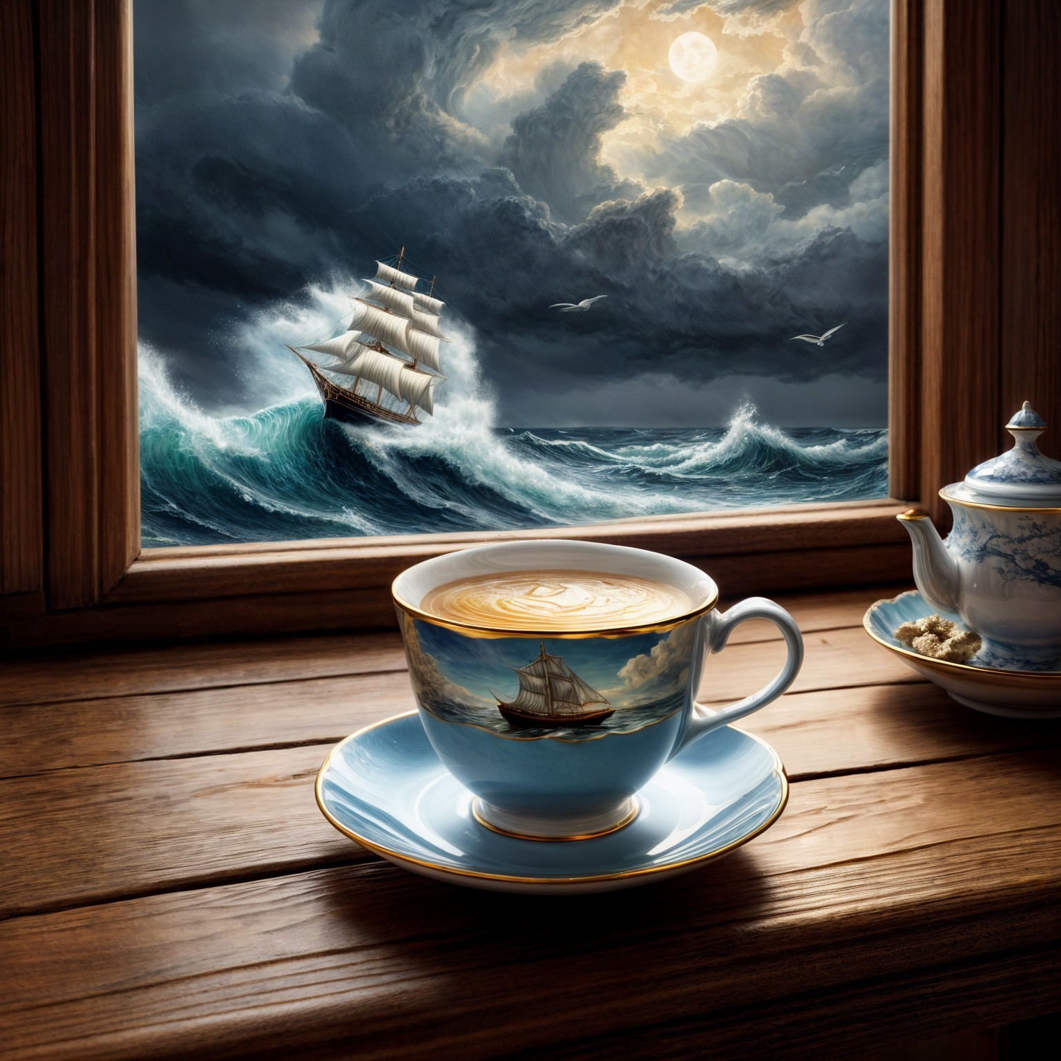 Teacup with Ship Motif and Dramatic Seascape View