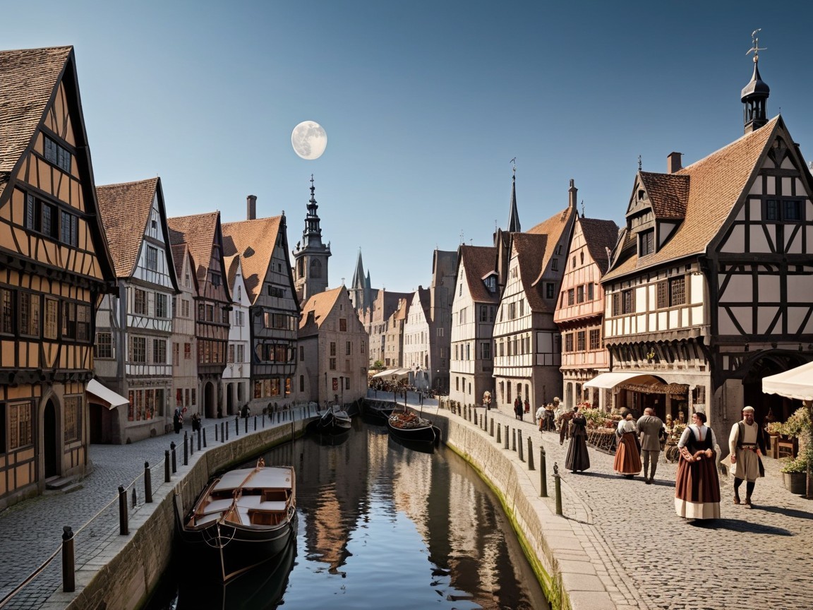 Historic European street with timber-framed houses
