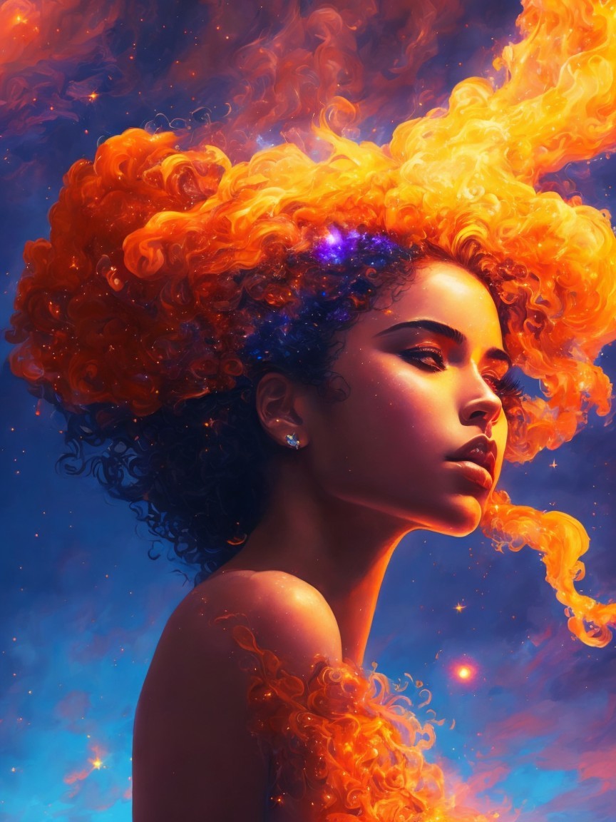 Portrait of a Young Woman with Cosmic Flame Hair