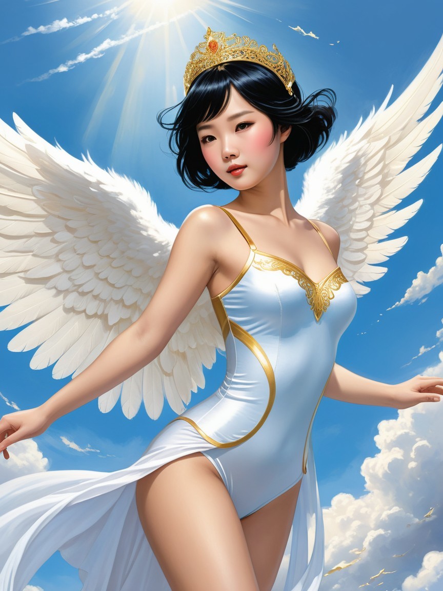Ethereal figure with angelic wings and golden crown