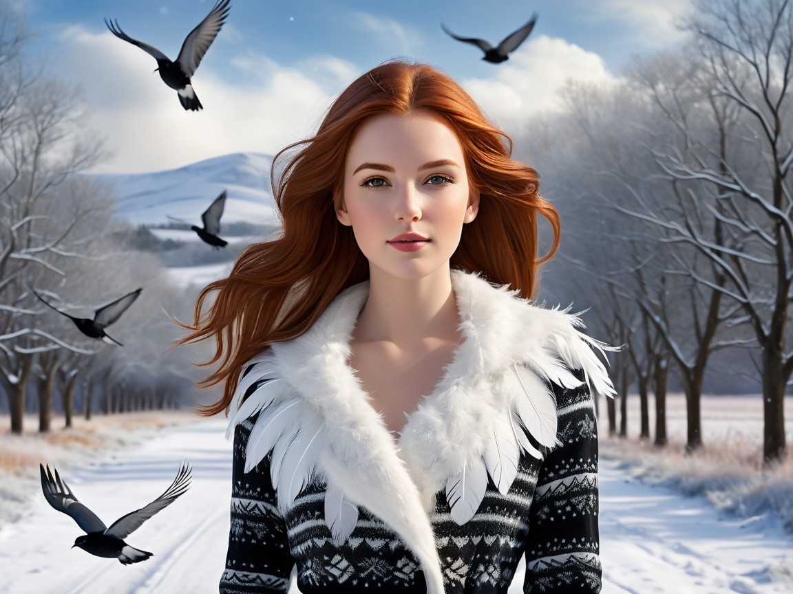 Red-haired woman in fair isle sweater in winter scene