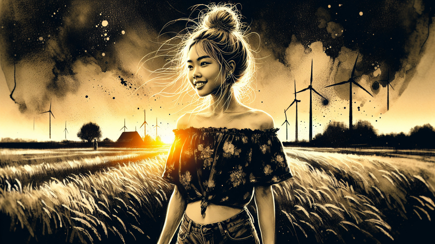Young Woman in Golden Landscape with Wind Turbines