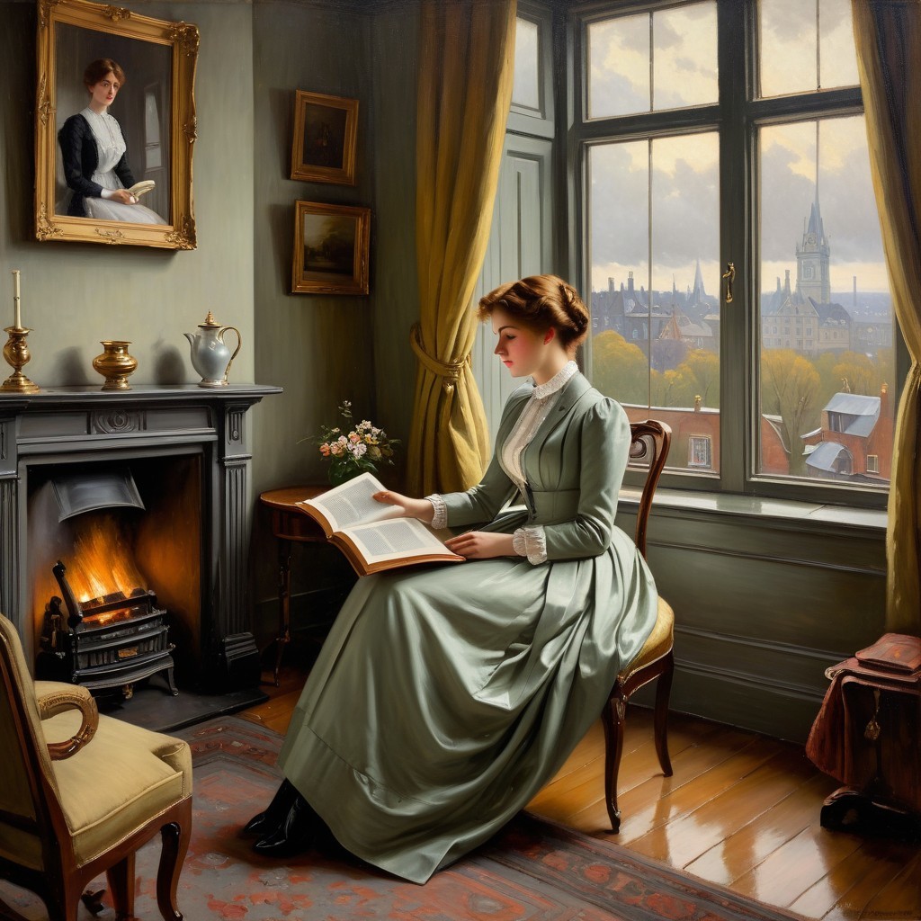 Victorian Woman Reading by Window in Warm Room