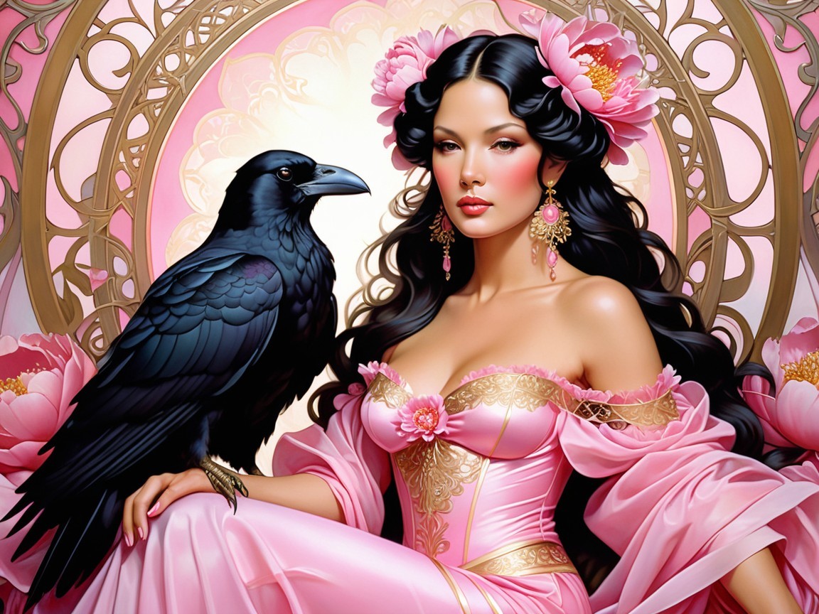 Elegant Woman in Pink Gown with Black Raven Background