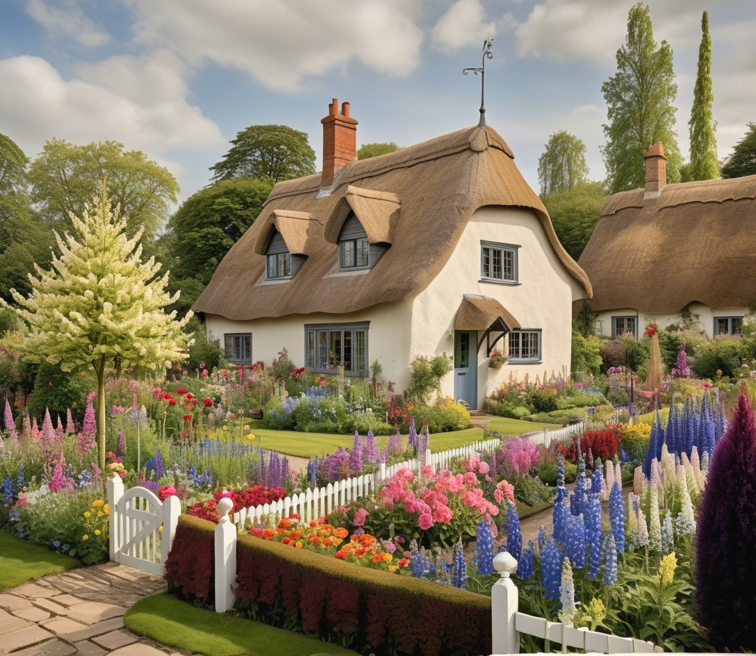 Thatched Cottage with Vibrant Garden and Blue Sky