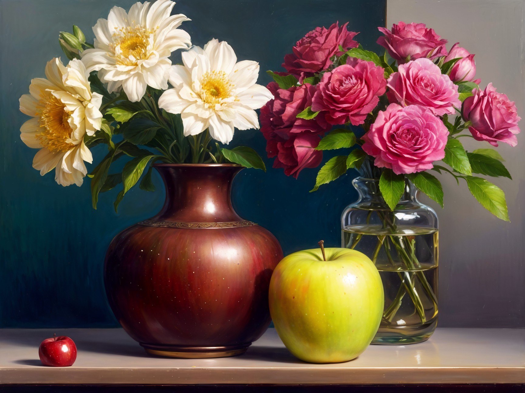 Still Life with Red Vase, Daisies, and Apples