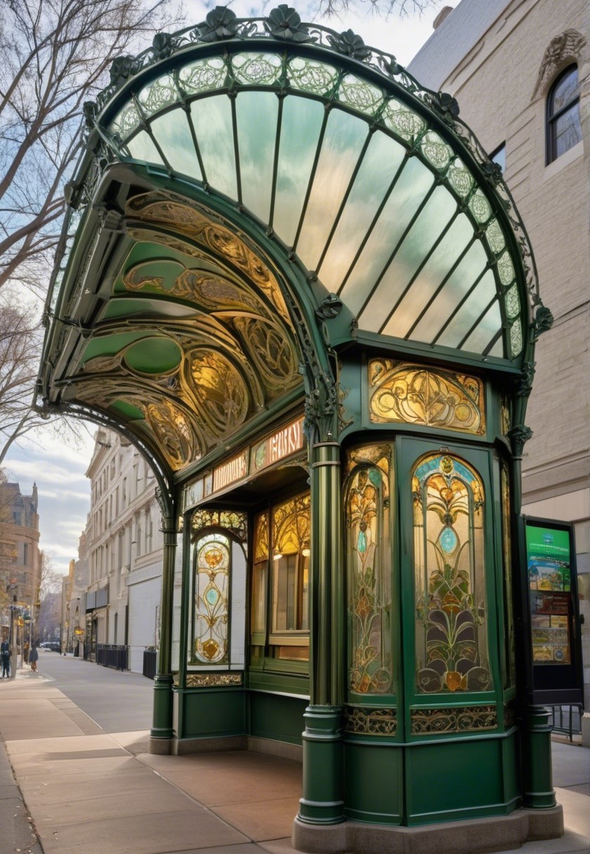 Ornate subway entrance with stained glass and metal design